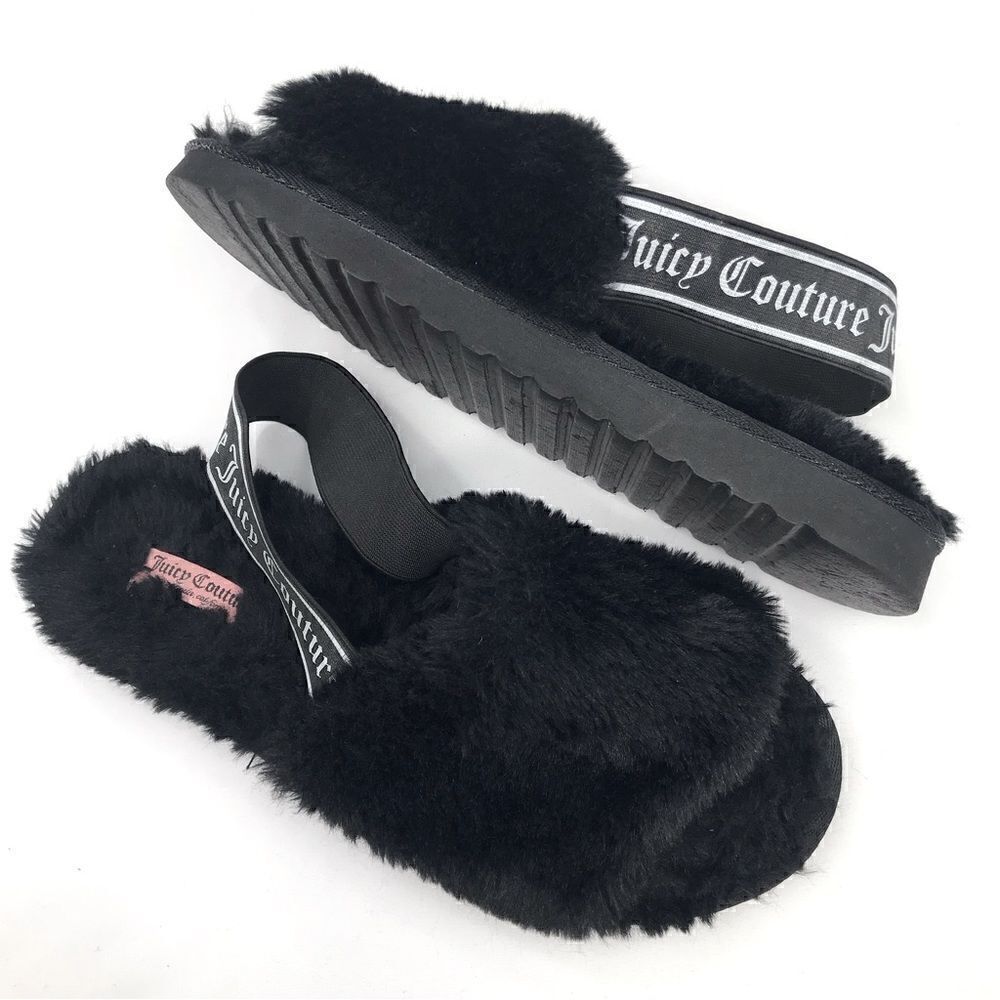 Juicy Couture Black Fuzzy Faux Fur Peep Toe Signature Slippers